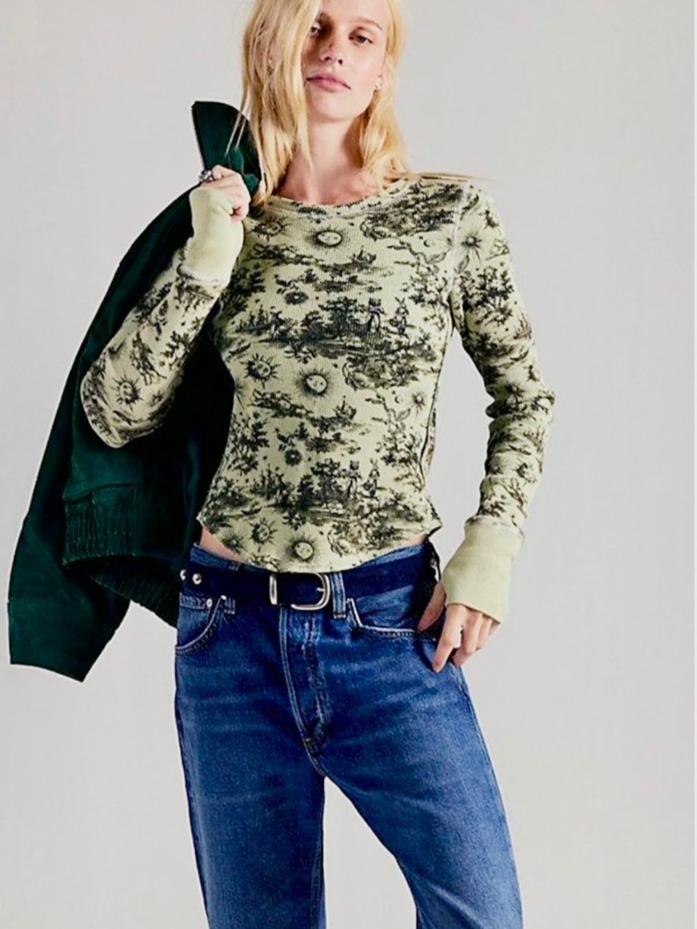 Free People Top Size XS Green We The Free Toileidays Long Sleeve Thermal Waffle